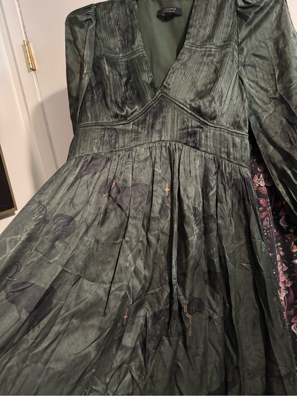 AllSaints Estelle Heidi Long Sleeve Silk Blend Dress in Forest - Picture 6 of 7